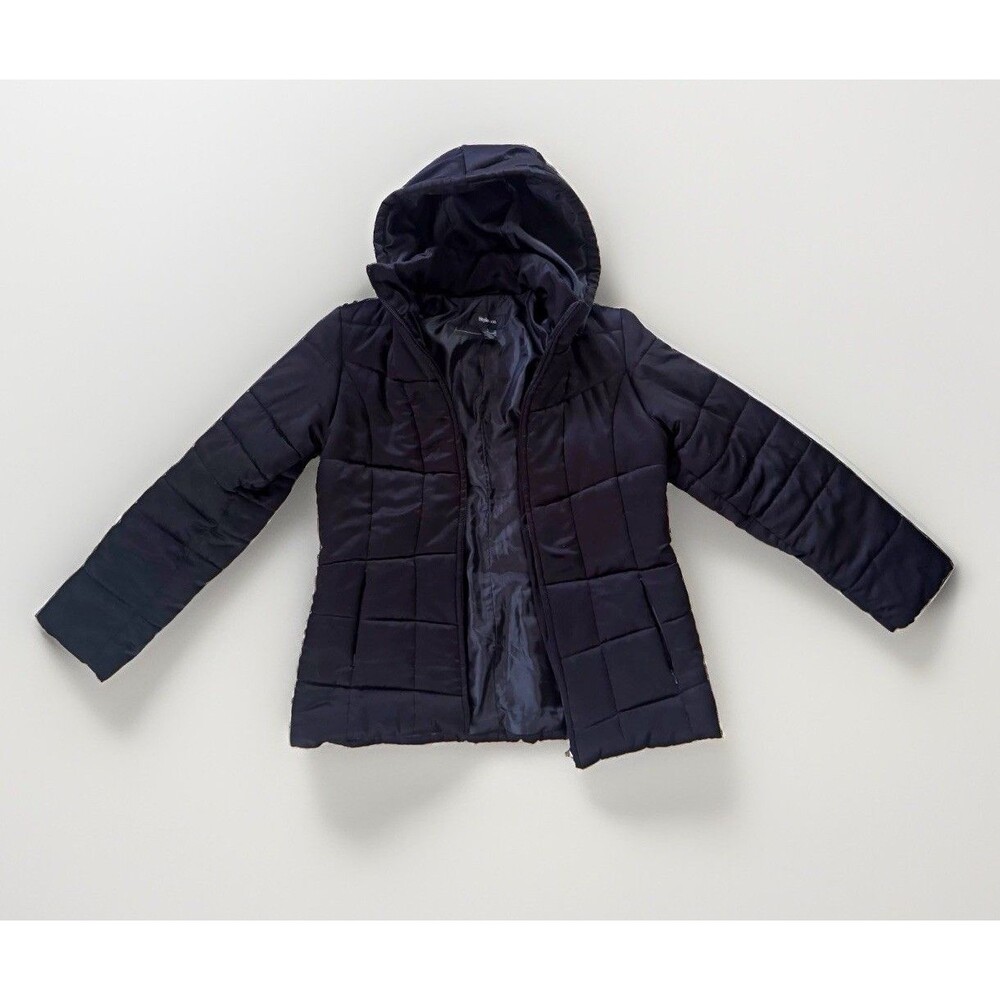 Style & Co Women Black Puffer Coat Hooded Quilted Full Zip Winter Jacket Size L
